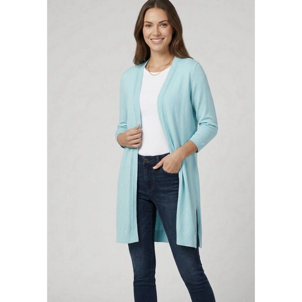 CHICO'S Size 2 Size L Turqouise Women Summer Romance Cardigan Duster Sweater